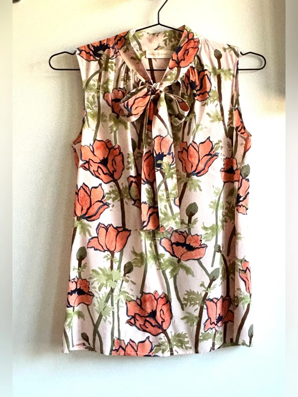 Tory Burch Silk Floral Tie-Neck Sleeveless Blouse in Poppy Print